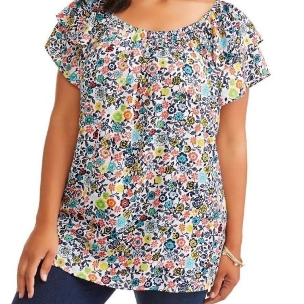 Terra & Sky Floral Print Off Shoulder Peasant Top